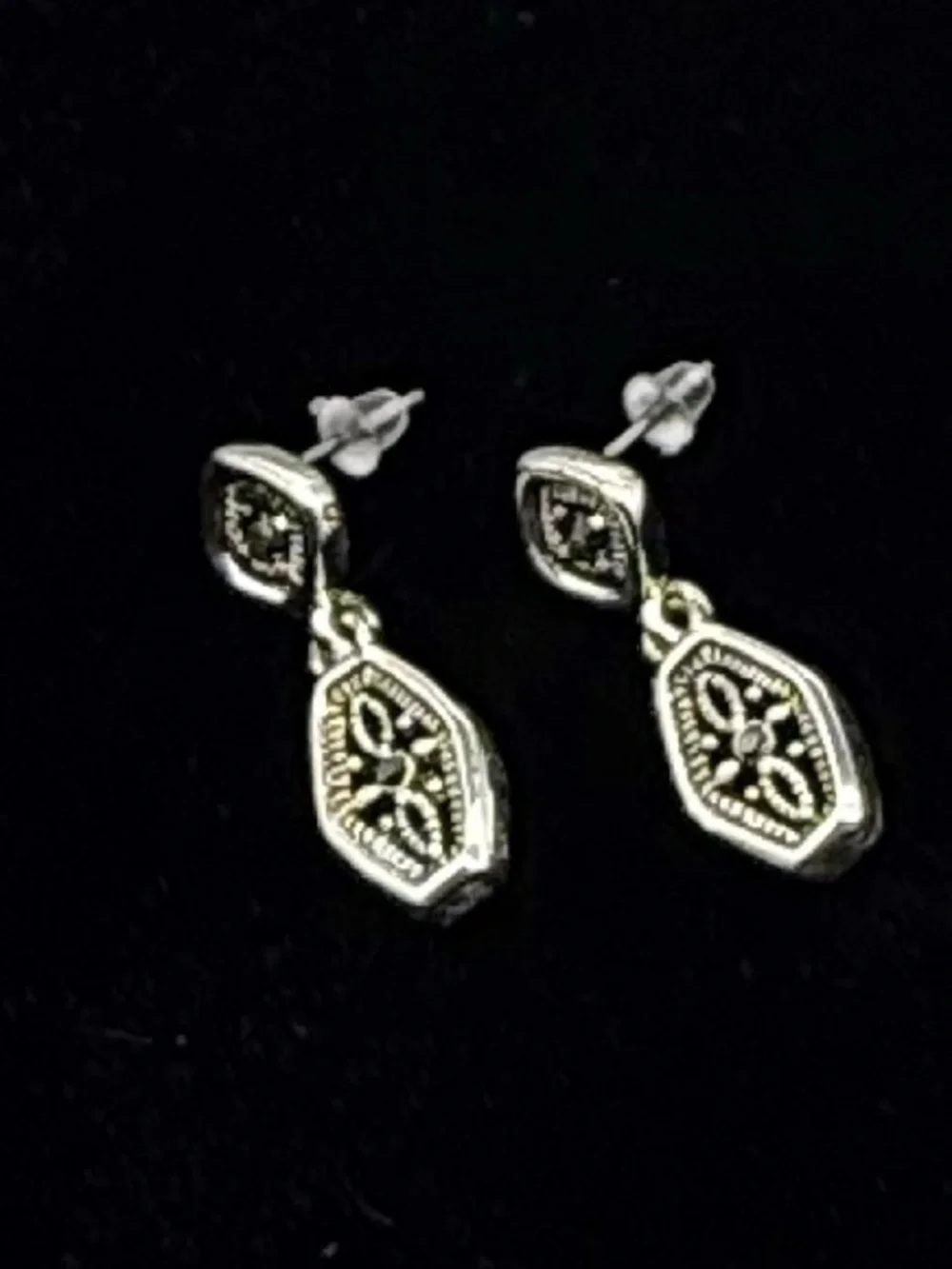 Silver Tone Art Deco Dangle Earrings Geometric Hexagon Vintage Drop Earrings